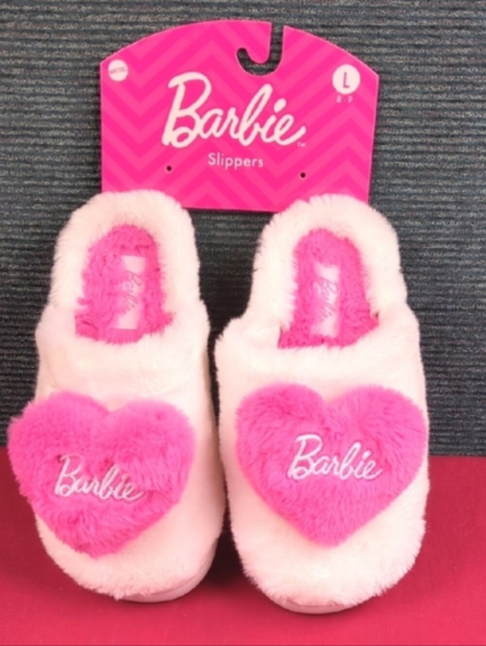 Plush Barbie Slippers With Hearts, Pink And White Like New